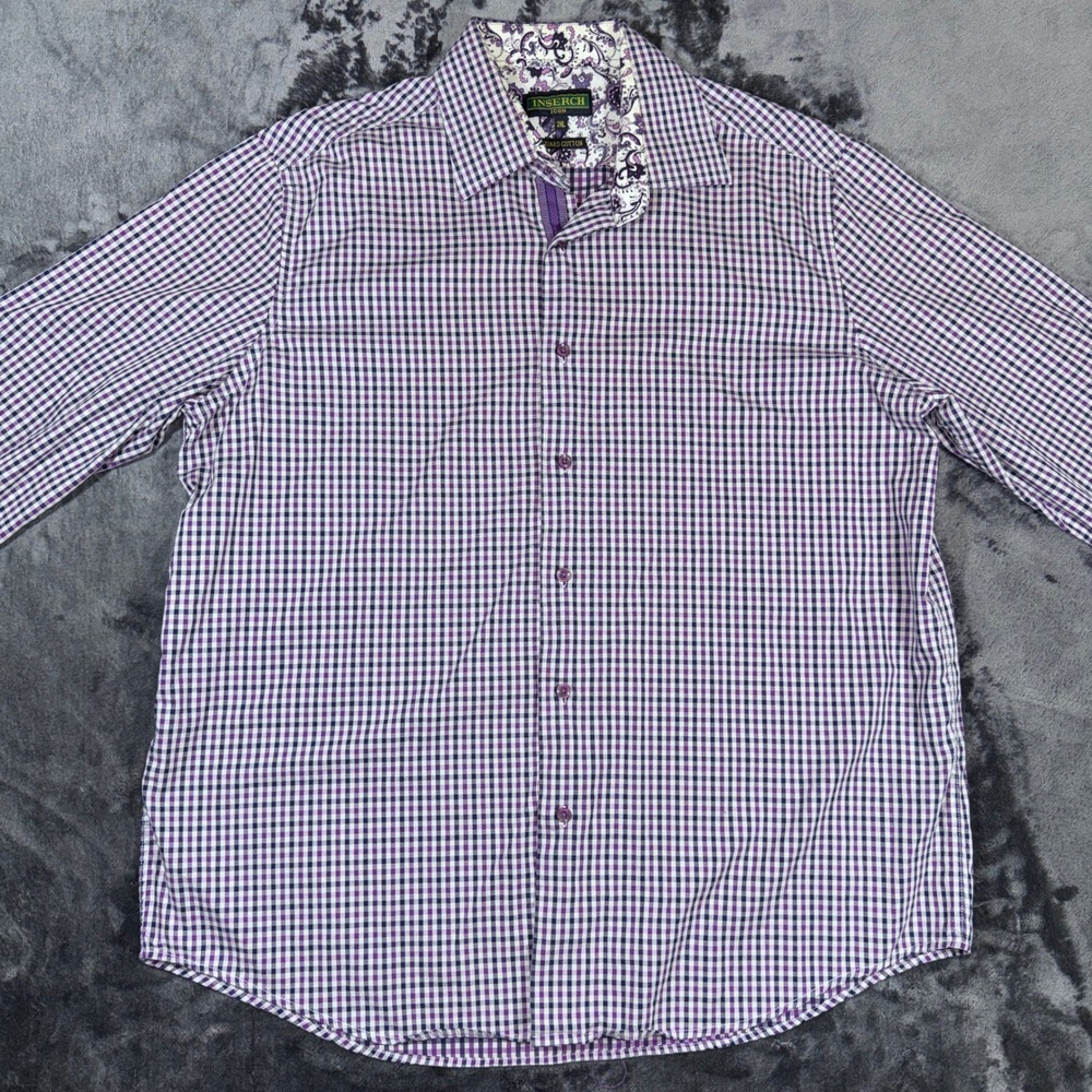 Inserch Icon Mens 2XL Jacquard Cotton Gingham‎ Button Down Shirt Purple Paisley